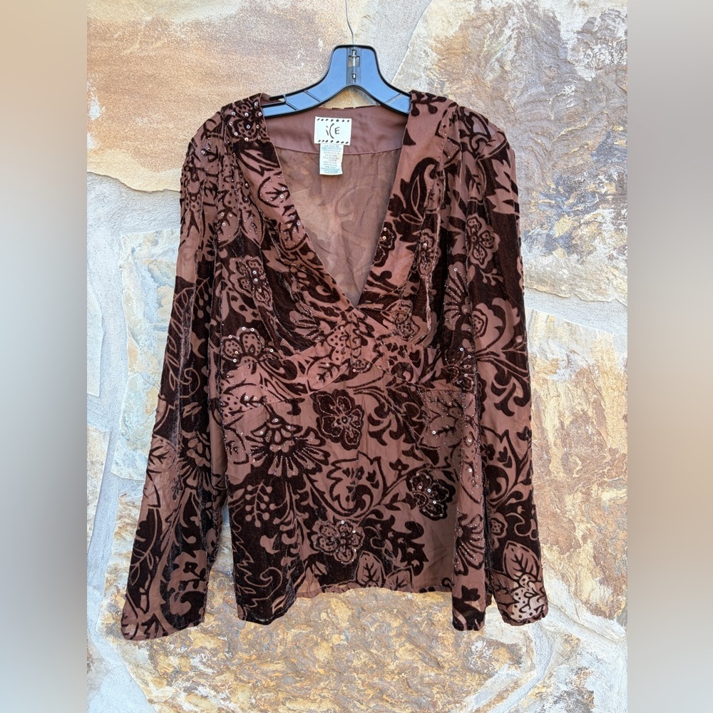 Vintage ICE Burnout Velvet Beaded Popover Blouse Top Sequins Espresso Event